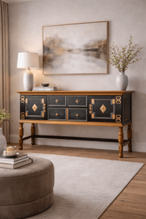 Jacobean Style Oak Sideboard - Great Blue Herons Midnight Orient