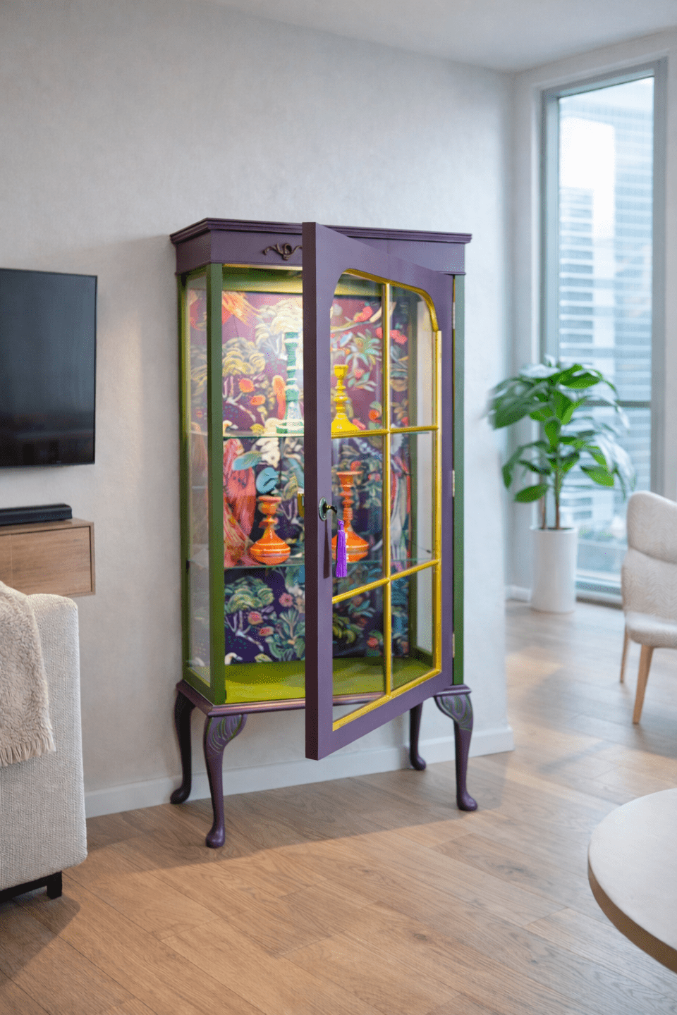 Purple & Green Exotic Birds Gin/ Drinks Cabinet