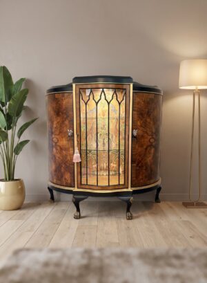 Antique Burr Walnut Demi Lune Display Cabinet With A Distinctive Cole & Son