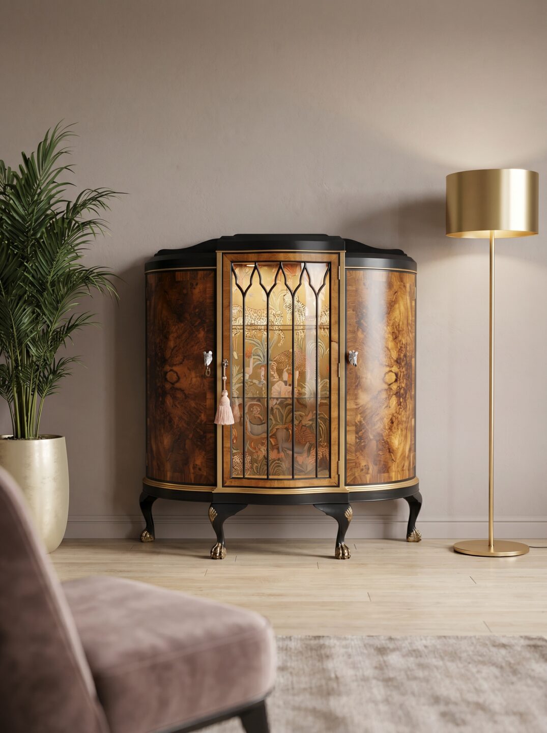 Antique Burr Walnut Demi Lune Display Cabinet With A Distinctive Cole & Son - Image 4